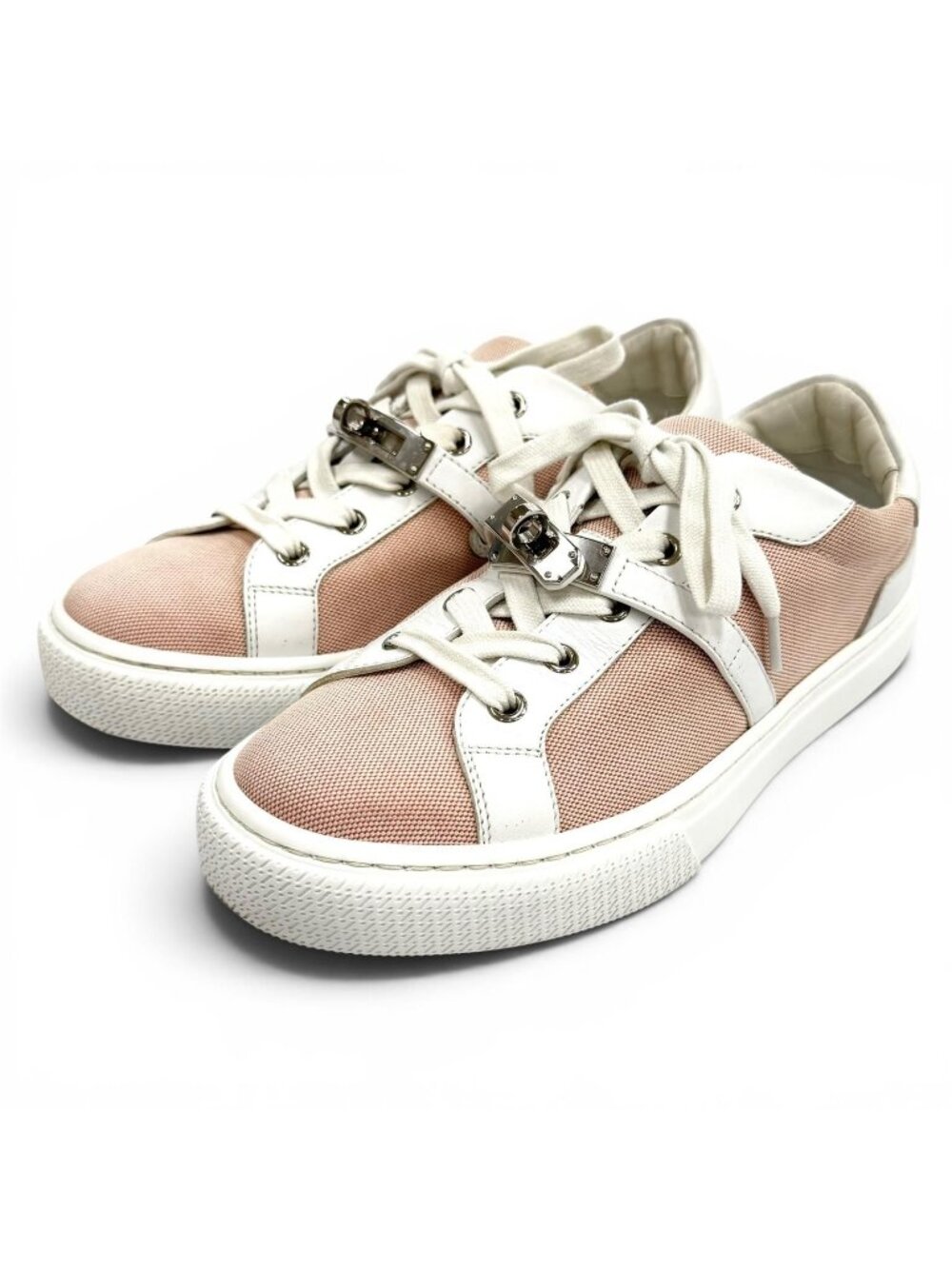Hermes Day Kelly Leather Lace-up Canvas Sneakers Pink White